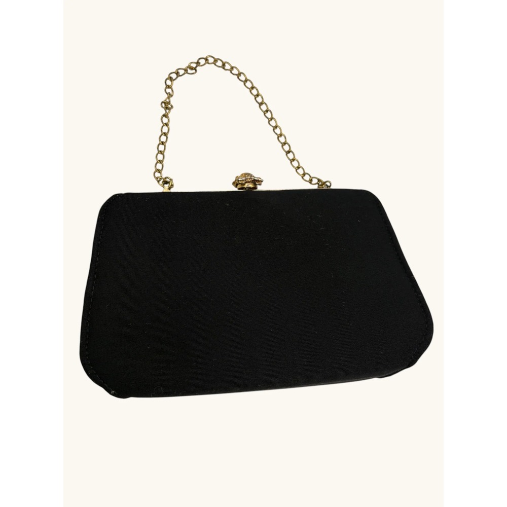 Vintage Black Fabric Evening Clutch Gold Chain Rhinestone Flower Clasp Formal